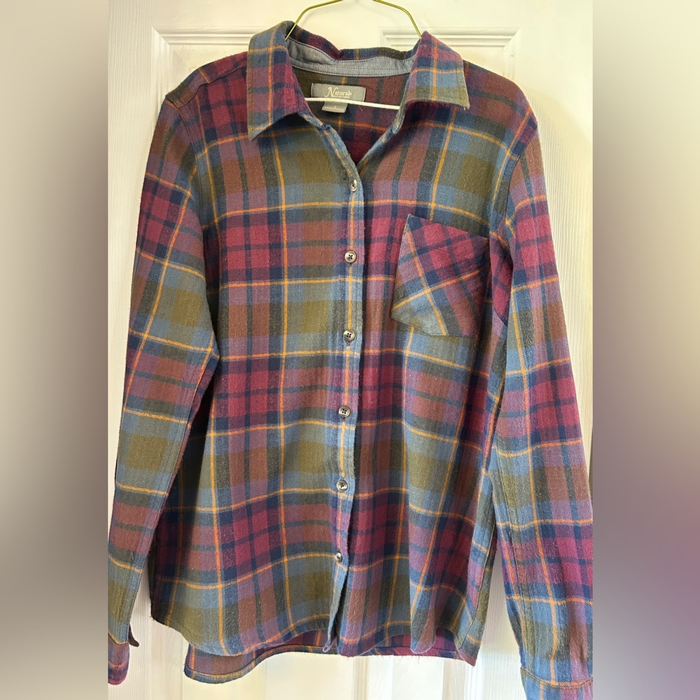 Natural Reflections Plaid Button Down Shirt - Blue, Red, Orange